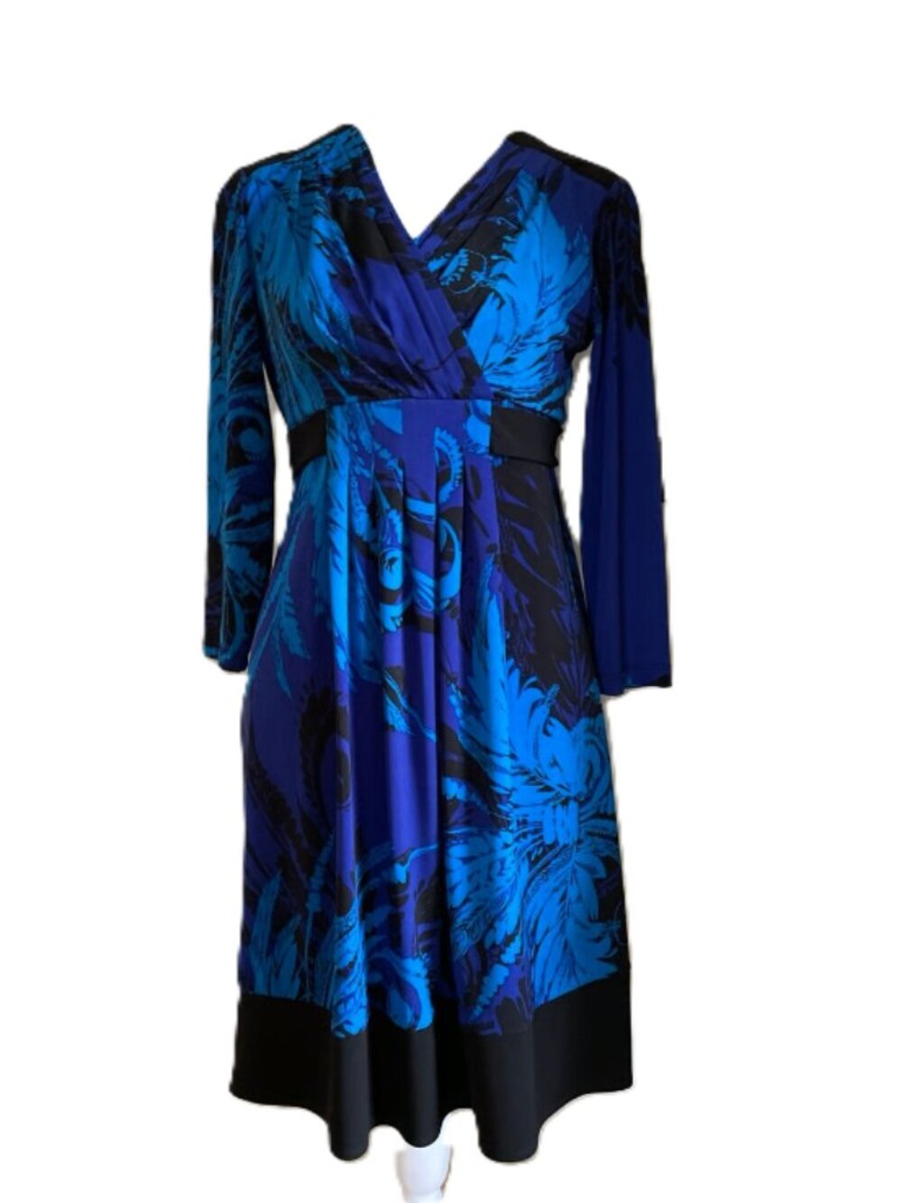 London Times Floral Black & Blue Wrap Dress 10P